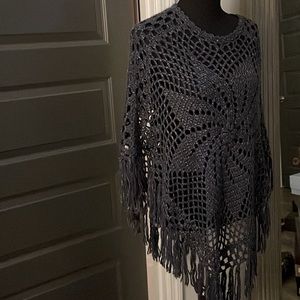 Beautifully Boho Slate Blue Knit Shawl Tunic w/ metallic Gold accent threads S/M
